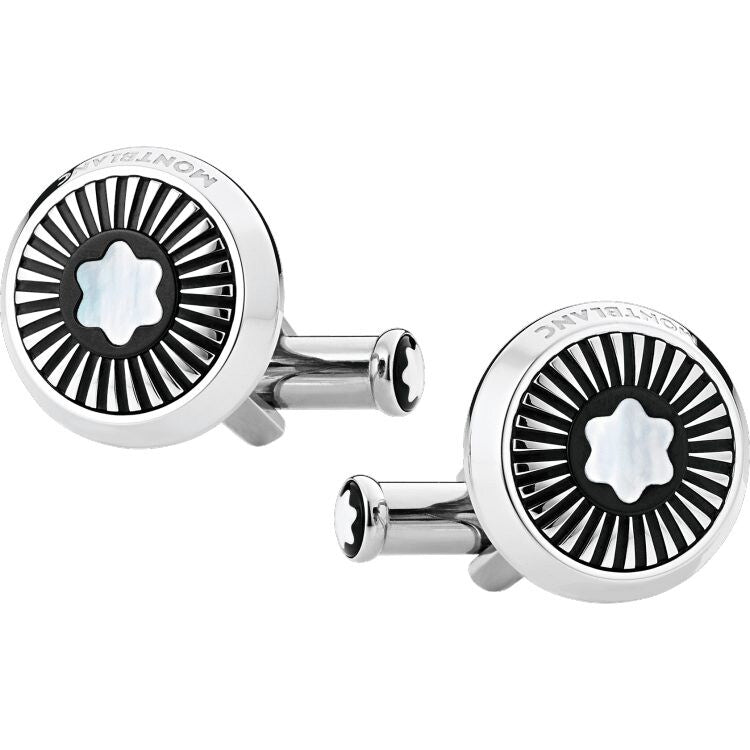 MONTBLANC カフスリンクス_navy mother of pearl Round stainless steel cufflinks adorned with spokes and the iconic