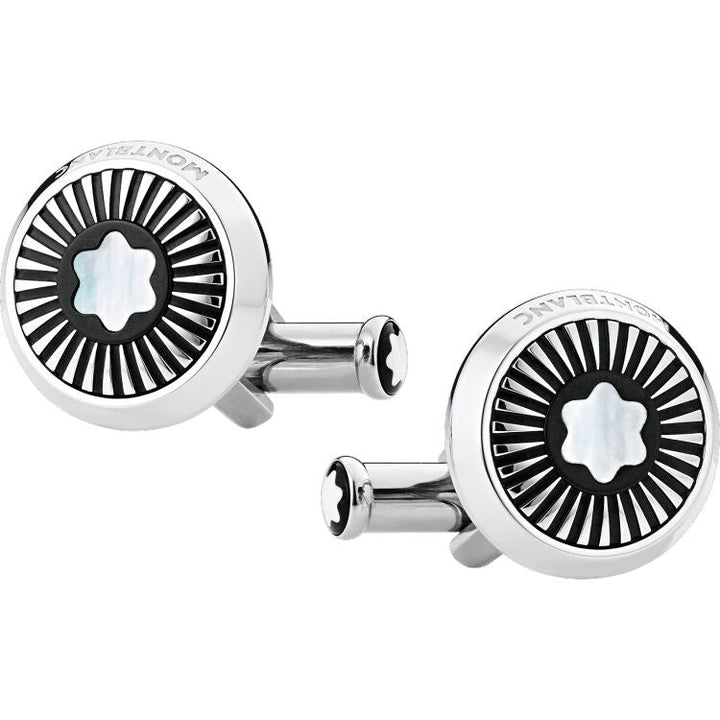 Boutons de manchette ronds en acier inoxydable ornés de rayons et de l’iconique sommet enneigé en nacre, emblème de Montblanc