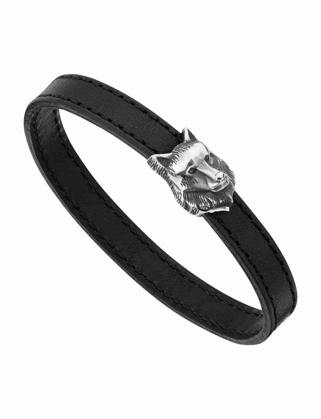 Black leather bracelet with solid silver wolf head clasp