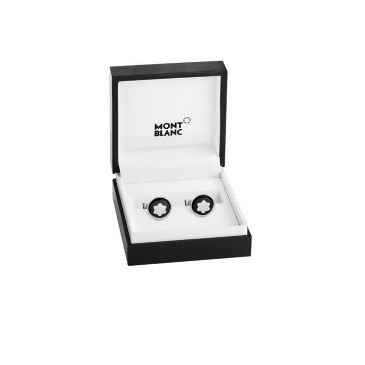 Round stainless steel cufflinks with black PVD inlays decorated with the iconic snowy peak in a pearl, emblem of Montblanc