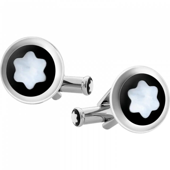 Round stainless steel cufflinks with black PVD inlays decorated with the iconic snowy peak in a pearl, emblem of Montblanc