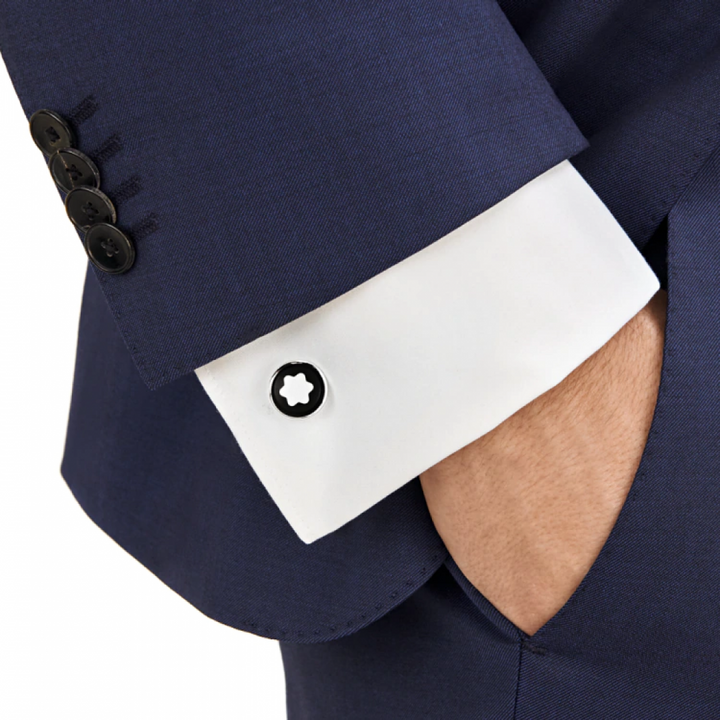Round stainless steel cufflinks with black PVD inlays decorated with the iconic snowy peak in a pearl, emblem of Montblanc