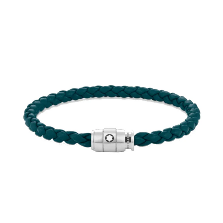 Bracelet à 3 anneaux de la collection Meisterstück en acier et en cuir bleu pétrole