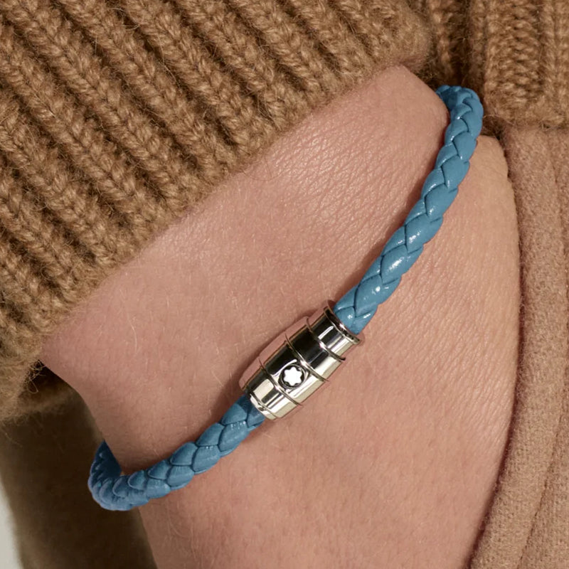 Bracelet Montblanc Meisterstück en acier 3 anneaux en cuir bleu cendré