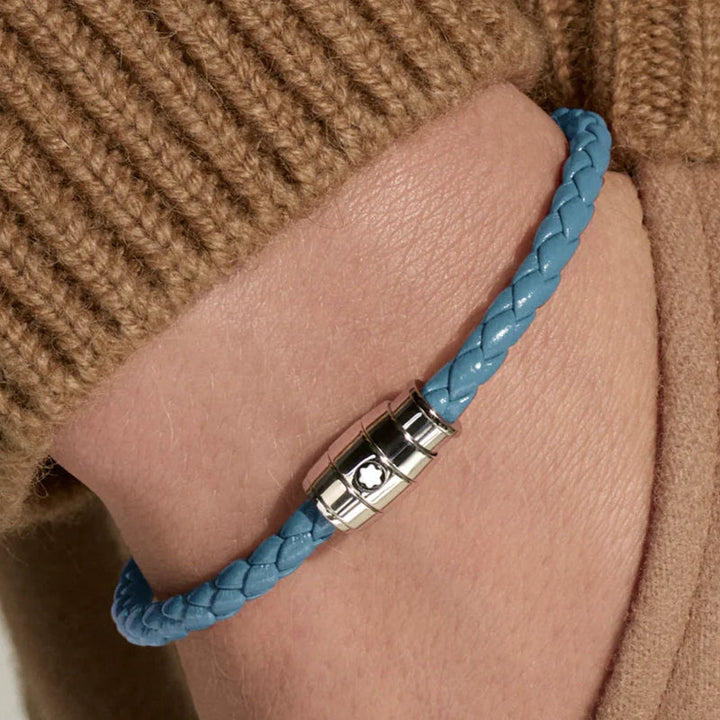 Bracelet Montblanc Meisterstück en acier 3 anneaux en cuir bleu cendré