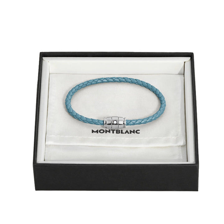 Bracelet Montblanc Meisterstück en acier 3 anneaux en cuir bleu cendré