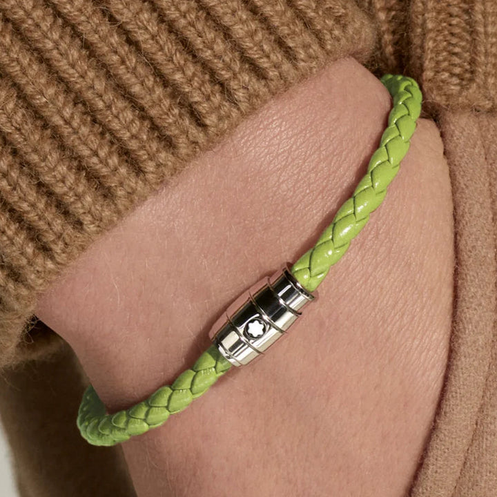 Bracelet Montblanc Meisterstück en acier 3 anneaux en cuir vert citron
