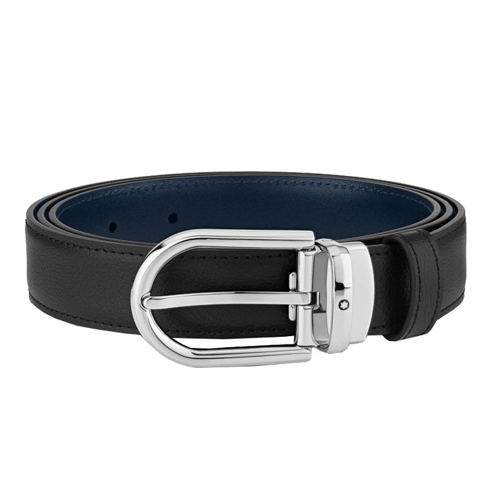Reversible belt with 30 mm horseshoe loop in black/blue leather