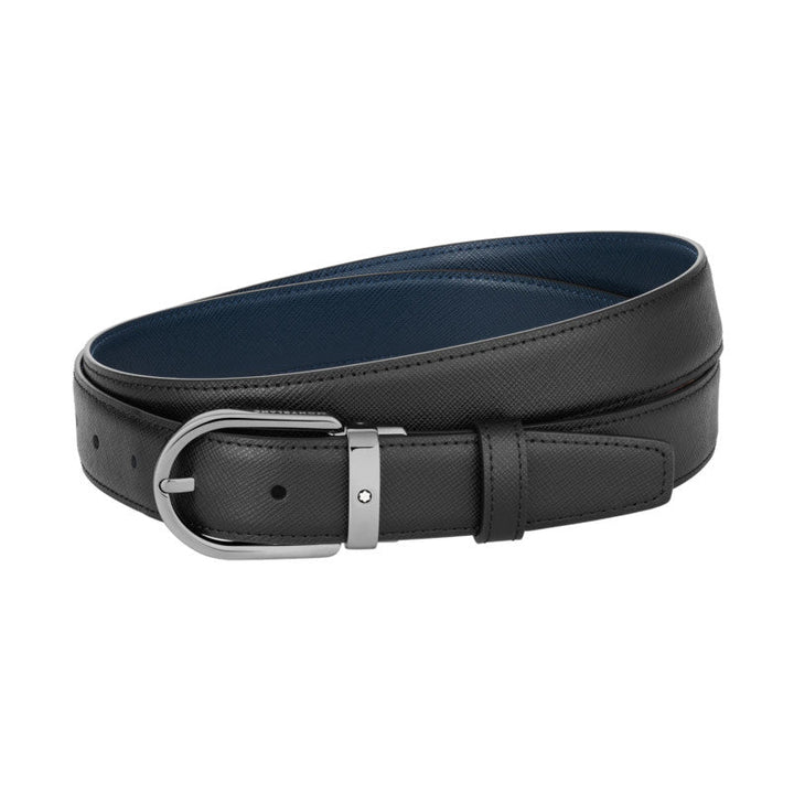 Cintura reversibile con ferro di cavallo da 30 mm in pelle nera/blu