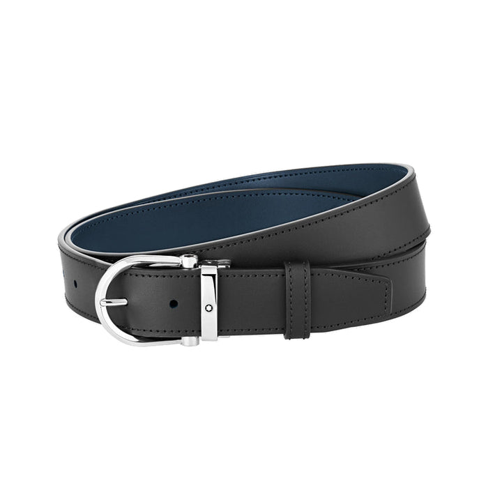 Reversible belt with 35 mm horseshoe loop in black/blue leather