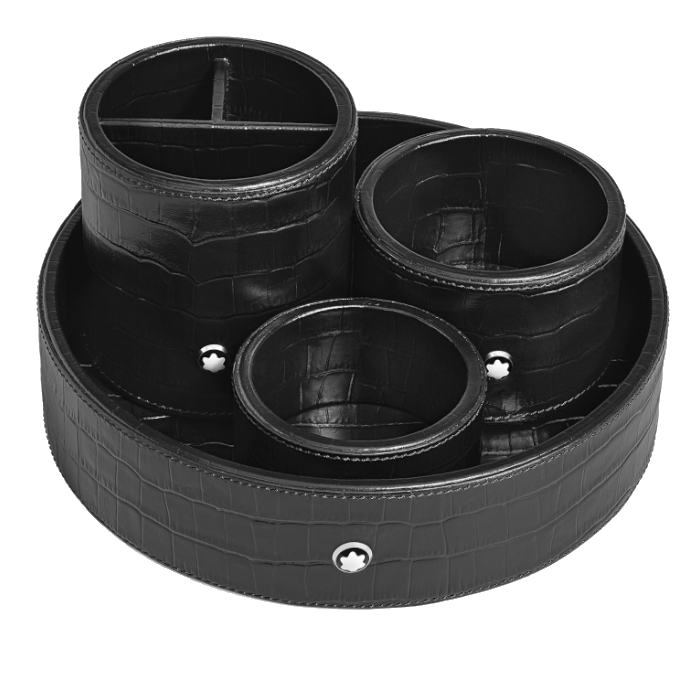 Grand plateau de bureau Montblanc rond en cuir embossé croco