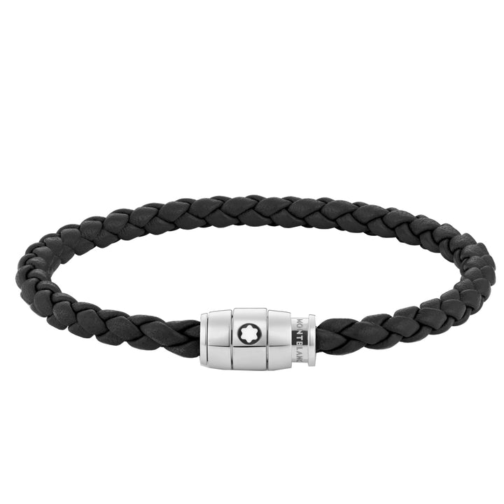 Steel and black leather bracelet with 3 -rings closure